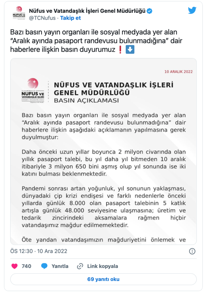 nufus ve vatandaslik isleri genel mudurlugunden pasaport aciklamasi